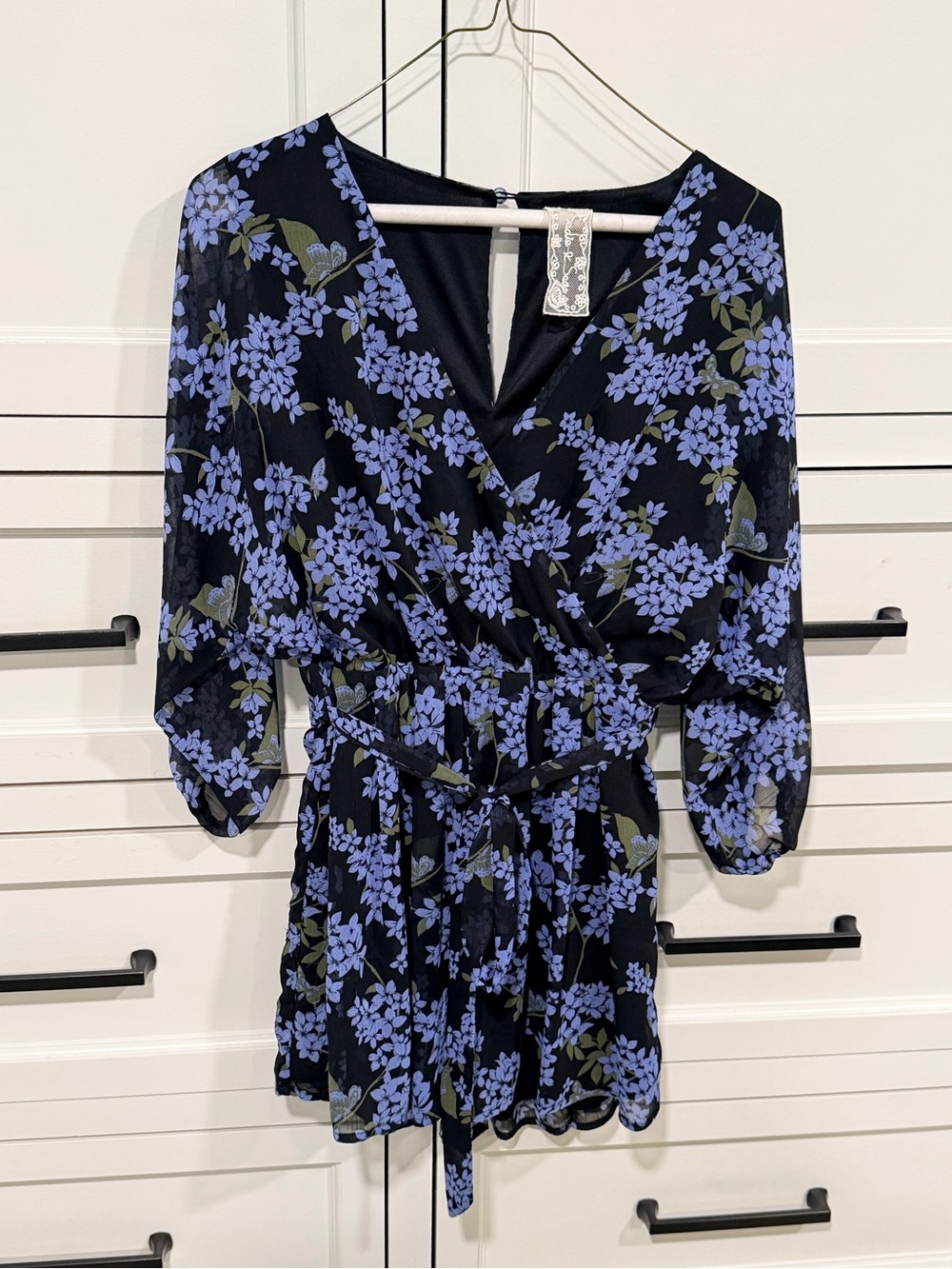 Sadie & Sage Black Floral V-Neck Romper with Blue Lilac Print